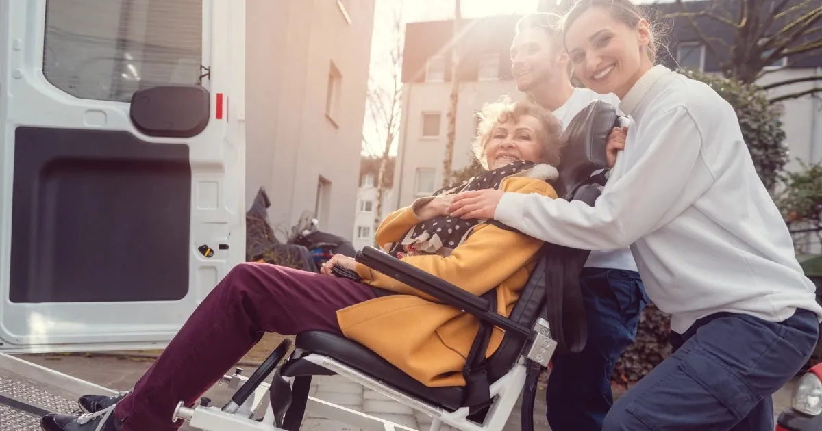 Post-surgery transportation in Pearl River showing a patient being safely escorted in a wheelchairroject