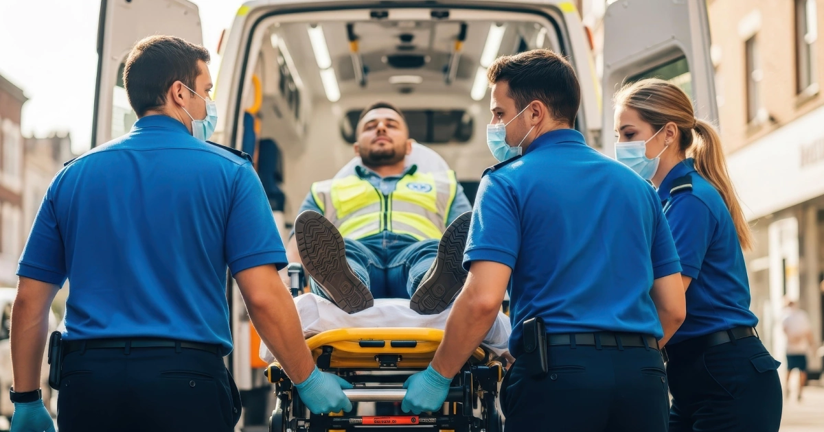 Three EMTs in blue uniforms and gloves load a conscious patient on a stretcher for stretcher transport in Pearl River, NY, into an ambulance on a city street.
