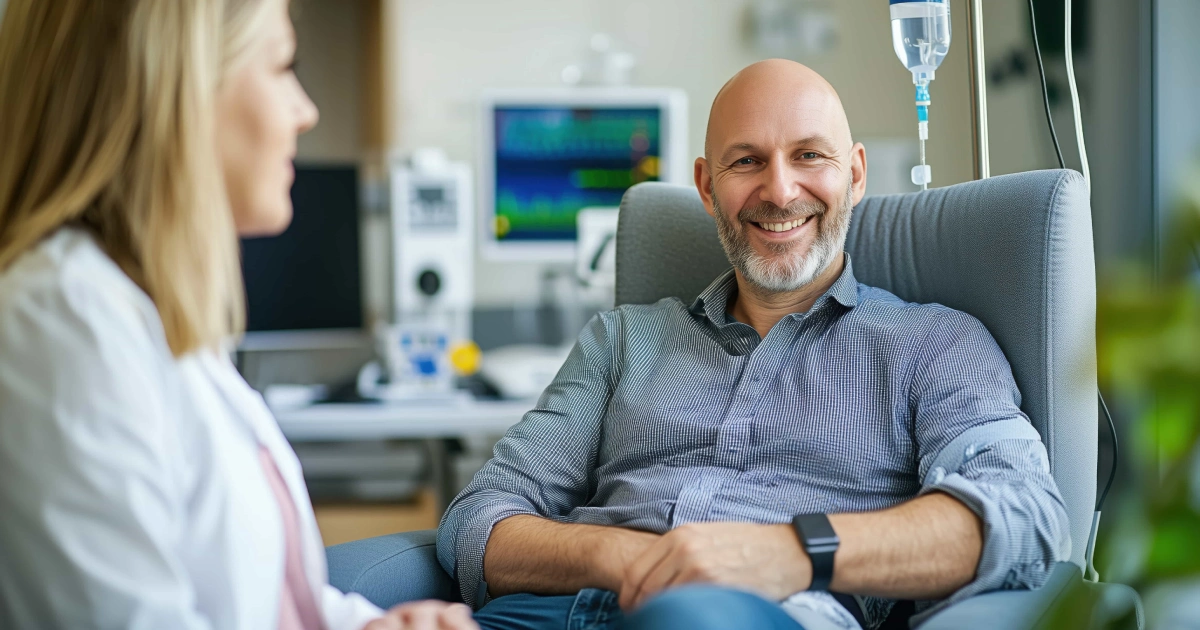 Smiling male cancer patient with IV drip during chemotherapy, representing treatment transportation in Pearl River, NY.